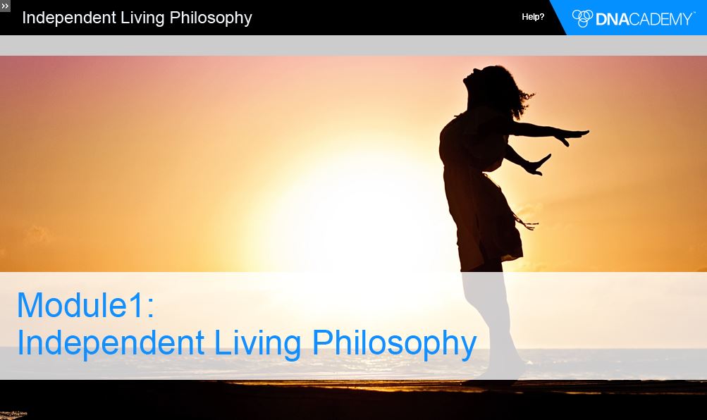 A woman stands on the beach with her arms open wide with the sunset behind her. The words: Module 1 Independent Living Philosophy appear on a banner below.